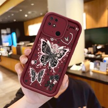 Ucuc Xiaomi Redmi 10C Uyumlu Anti-Çarpma Kamerası Koruma Sevgi Kelebek Desen Burgundy Silikon Kılıf