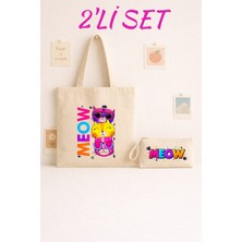 Maki Craft Renkli Meow Kedi Temalı 2’li Bez Çanta & Fermuarlı Kalemlik Seti