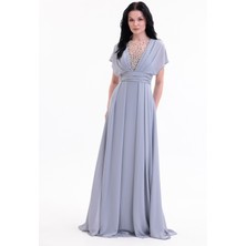 Bdm Exclusive V Yaka El Işi Taş Detaylı Şifon ve Krep Uzun Abiye Elbise