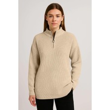 Rawea Fashion Kadın Yarım Fermuarlı Triko Kazak – Selanik Örgü, Dik Yaka, Pamuklu Dokuma, Oversize Uzun Kollu Kışlık Model - Bej