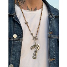 CAPO By Aytaç Yamaç Ağaç Jasper ve Rutil Kuvars Doğal Taş Ejderha Figürlü Erkek Kolye