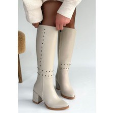 Zerenyus Tiyan Premium Boncuk Işlemeli Bej Topuklu Çizme