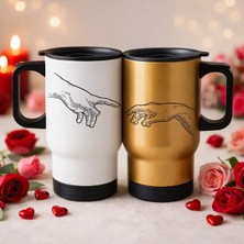 Bk Gift Sevgili Çift Tasarımlı 2’li Kulplu Beyaz&gold Çelik Termos Mug 450 ml -35, Sevgiliye Hediye, Sevgililer Günü Hediyesi