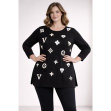 Şans Kadın Büyük Beden Siyah, Baskı ve Taş Detaylı, Yan Yırtmaç Bluz 65N39348