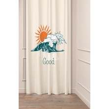Greendecor Good Vibes Deniz Okyanus Desenli Özel Tasarım Dijital Baskılı (Tek Kanat) Modern Bej Krem Fon Perde
