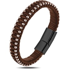 Moncuk Design Kahve Rengi Deri ve Damla Çelik Zincirli Bileklik 33514B1D2-3