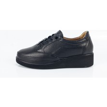 Aktaş Ayakkabı Kadın Siyah Hakiki Deri Ortopedik Dolgu Topuk Lastikli Babet Ayakkabı