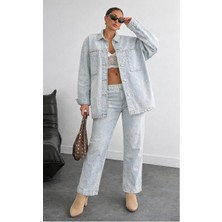 Magnox Kar Yıkama Açık Mavi Oversize Jean Ceket