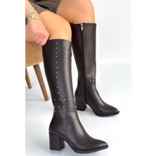 Zerenyus Tiyan Premium Boncuk Işlemeli Kahverengi Topuklu Çizme