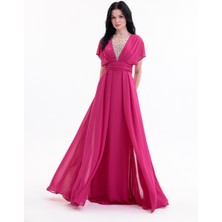 Bdm Exclusive V Yaka El Işi Taş Detaylı Şifon ve Krep Uzun Abiye Elbise