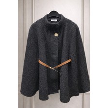 Nsade Kışlık Yaka Düğmeli Deri Kemerli Pelerin Panço