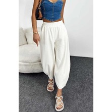 Nana & Mayka Moda Kadın Ekru Beyaz Şalvar Pantolon Salaş Dört Mevsim Rahat Pamuk Lastikli Bel Günlük Model Gabardin