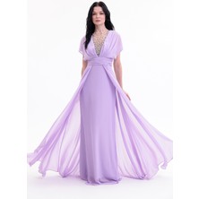 Bdm Exclusive V Yaka El Işi Taş Detaylı Şifon ve Krep Uzun Abiye Elbise