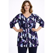 Şans Kadın Büyük Beden Mavi, V Yaka Geometrik Desen. Truvakar Kol Viskon Bluz 65N39342