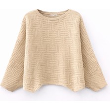 Mixray 7011 Kadın Asimetrik Dokulu Desenli Triko Kazak Bej