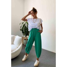 Nana & Mayka Moda Die&More Kadın Zümrüt Yeşili Şalvar Pantolon Salaş Dört Mevsim Rahat Pamuk Lastikli Bel Günlük Model Gabardin