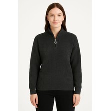 Rawea Fashion Kadın Yarım Fermuarlı Triko Kazak – Selanik Örgü, Dik Yaka, Pamuklu Dokuma, Oversize Uzun Kollu Kışlık Model - Füme