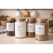 Durina Living 4’lü 630 ml Ahşap Kapaklı Cam Kavanoz Seti – Şeker, Türk, Filtre ve Granül Kahve Etiketli