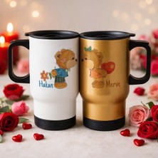 Bk Gift Kişiye Özel Sevgili Çift Tasarımlı 2’li Kulplu Beyaz&gold Çelik Termos Mug 450 ml -19, Sevgiliye Hediye, Sevgililer Günü Hediyesi