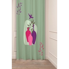 Greendecor Vazo Yaprak Kuş Soft Pastel Bohem Desenli Özel Tasarım Dijital Baskılı (Tek Kanat) Modern Fon Perde