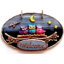 Homevia Renkli Baykuşlu Welcome Yazılı El Yapımı Kapı Süsü