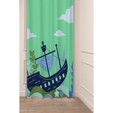 Greendecor Gemi Deniz Korsan Dalga Bulut Doğa Bohem Desenli Özel Tasarım Dijital Baskılı (Tek Kanat) Fon Perde