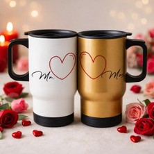 Bk Gift Sevgili Çift Tasarımlı 2’li Kulplu Beyaz&gold Çelik Termos Mug 450 ml -23, Sevgiliye Hediye, Sevgililer Günü Hediyesi