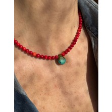 CAPO By Aytaç Yamaç Damla Kesim Firuze Turkuaz Uçlu & Kırmızı Mercan Kadın Kolye | Doğal Taş El Yapımı Takı