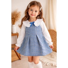 Kr Kids Butik Kız Çocuk Mavi Kazayağı Desenli Elbise – Fırfırlı Yaka, Uzun Kollu Şık Günlük Elbise