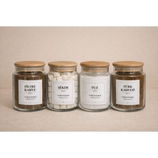 Durina Living 4’lü 850 ml Ahşap Kapaklı Cam Kavanoz Seti – Şeker, Türk Tuz , Filtre Kahve Etiketli