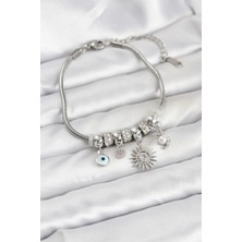 Inure Jewelry Pirinç Gümüş Renk Güneş Charmlı Kadın Bileklik