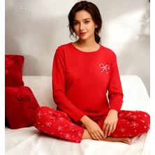 NiCe İç Giyim Kırmızı Fiyonk Desenli Flexıble Cotton Esnek Kumaş Kadın Pijama Takım