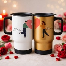 Bk Gift Kişiye Özel Sevgili Çift Tasarımlı 2’li Kulplu Beyaz&gold Çelik Termos Mug 450 ml -18, Sevgiliye Hediye, Sevgililer Günü Hediyesi