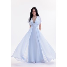 Bdm Exclusive V Yaka El Işi Taş Detaylı Şifon ve Krep Uzun Abiye Elbise