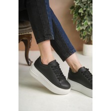Craftique Siyah Beyaz Kadın Sneaker Spor Ayakkabı Kalın Yüksek Tabanlı Bağcıklı Hafif Günlük ve Şık Kullanım