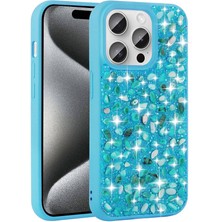 Apple iPhone 15 Pro Max Kılıf Parlak Taşlı Tasarım Stsr Linea Diamond Kapak-Mavi Açık