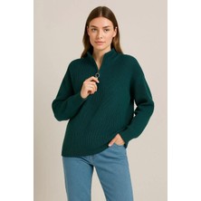 Rawea Fashion Kadın Yarım Fermuarlı Triko Kazak – Selanik Örgü, Dik Yaka, Pamuklu Dokuma, Oversize Uzun Kollu Kışlık Model - Haki