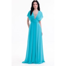 Bdm Exclusive V Yaka El Işi Taş Detaylı Şifon ve Krep Uzun Abiye Elbise