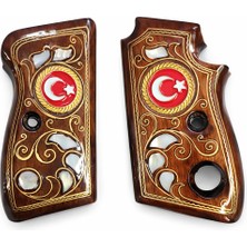 Yücel Av Bayii Beretta 7.65 mm Mod 70 Tek Düğmeli Beretta Telkari Sedef kakma Türk Bayraklı Logolu Ahşap