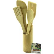 Go İthalat 5pcs Ahşap Bambu Mutfak Seti Stand - Kaşık - Çatal - 2 Spatula Fileli (5440)