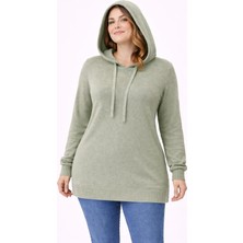 Şans Kadın Büyük Beden Yeşil, Kapüşonlu Triko Tunik 65N39303