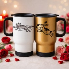 Bk Gift Sevgili Çift Tasarımlı 2’li Kulplu Beyaz&gold Çelik Termos Mug 450 ml -33, Sevgiliye Hediye, Sevgililer Günü Hediyesi