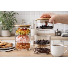 Durina Living 3 Katlı Bambu Kapaklı Cam Baharatlık – Çerezlik, Lokumluk ve Kahvaltılık Saklama Kabı 900 ml