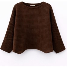 Mixray 7011 Kadın Asimetrik Dokulu Desenli Triko Kazak Kahve