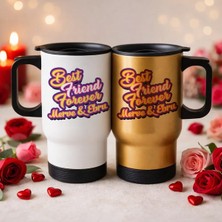 Bk Gift Kişiye Özel Best Friend Tasarımlı 2’li Kulplu Beyaz&gold Çelik Termos Mug 450 ml -2 Arkadaşa Hediye En Iyi Arkadaş Termos Seti