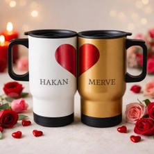 Bk Gift Kişiye Özel Sevgili Çift Tasarımlı 2’li Kulplu Beyaz&gold Çelik Termos Mug 450 ml -11, Sevgiliye Hediye, Sevgililer Günü Hediyesi