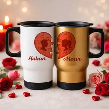 Bk Gift Kişiye Özel Sevgili Çift Tasarımlı 2’li Kulplu Beyaz&gold Çelik Termos Mug 450 ml -1, Sevgiliye Hediye, Sevgililer Günü Hediyesi