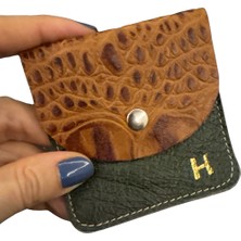 Pinkylola Design Pinkylola  Design-Kare Model H Harfli Taba Renk Kroko Baskılı & Haki Hakiki Deri Mini Bozuk Para Cüzdanı ,airpod Kılıfı