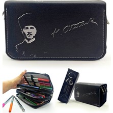 Limmy Kalem Kutusu Siyah Atatürk Mustafa Kemal Atatürk Desenli Kawai Organizer Kalemkutu Vegan Deri Üç Bölmeli Kalemlik