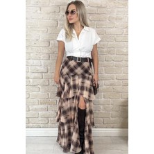 Muna Boutique Özel Tasarım Kat Kat Ekoseli Kemerli Kadın Etek